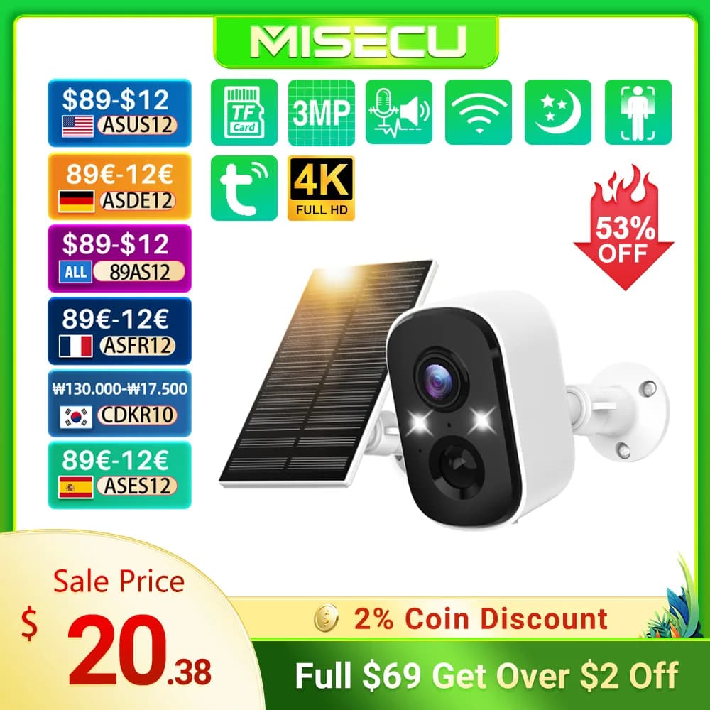 MISECU Tuya 3MP Security Battery Camera with Solar Panel Two-way Audio Wireless Outdoor Full Color Night Vision Surveillance P2P