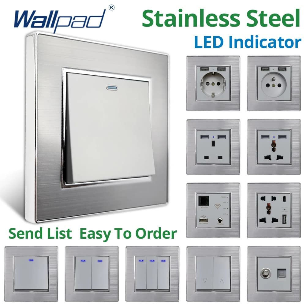Wallpad 1 2 3 Gang 2 3 Way Wall Light Switches With LED Stainless Steel Panel EU UK Power Sockets With USB Charge Port 220V