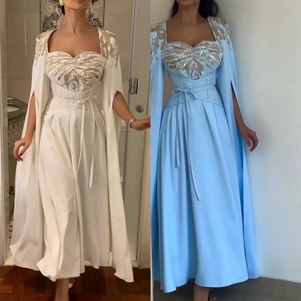 Customized Jersey Draped Sequined Cocktail Party A-line Square Collar Bespoke Occasion Gown Midi Dresses