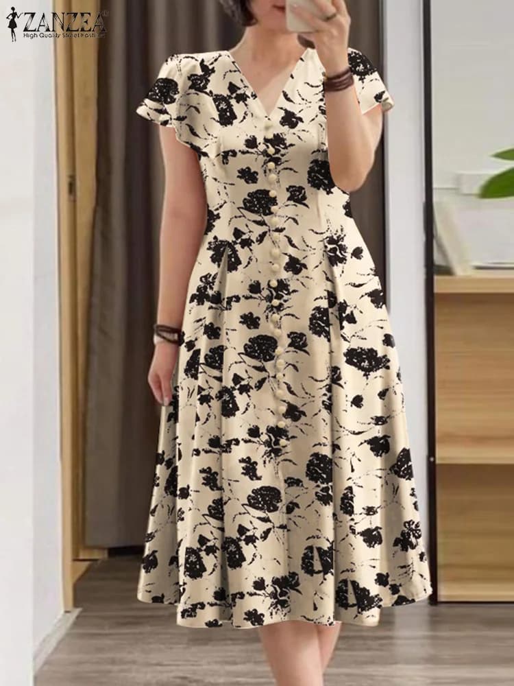 ZANZEA Woman Summer Midi Dress Fashion Floral Print Ruffle Cap Sleeves V-neck A-line Vestidos Casual Fitted-waist Party Sundress
