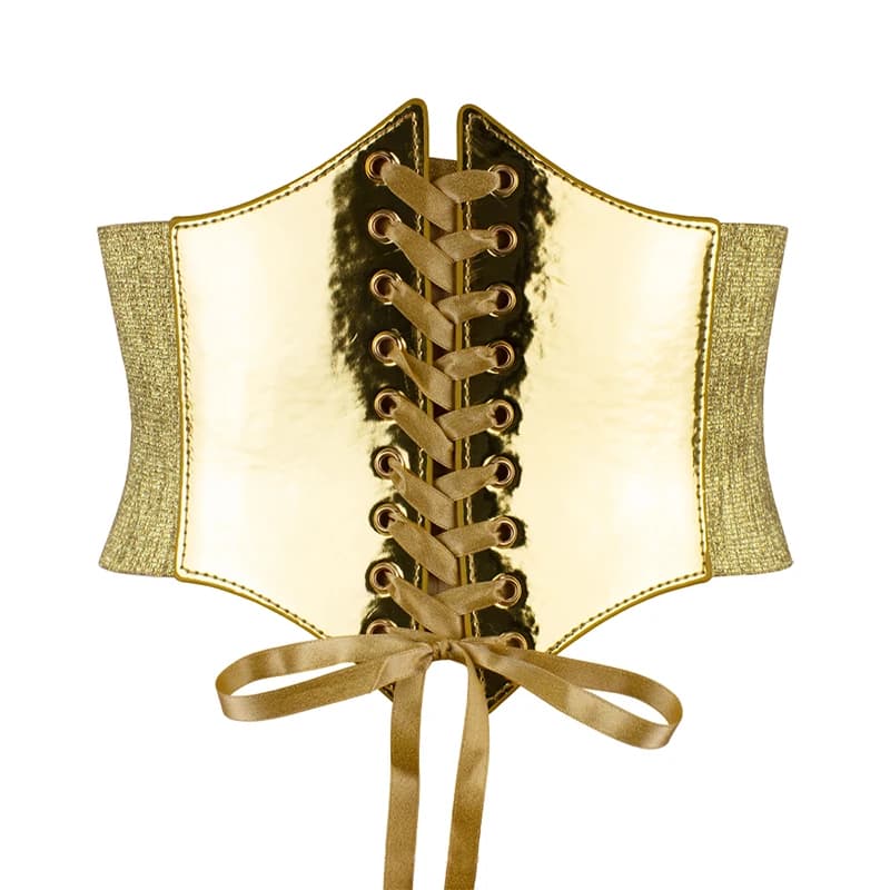 Women Shiny Gold PU Corsets Bustiers PU Leather Crown Girdle Slim Waist Belt Underbust Elastic Corset Tops Curve Shaper Modeling