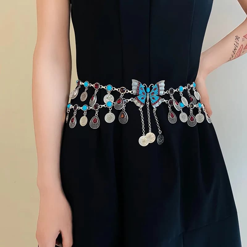 Ethnic style double-layer water drop butterfly tassel waist  niche fashion design body chain