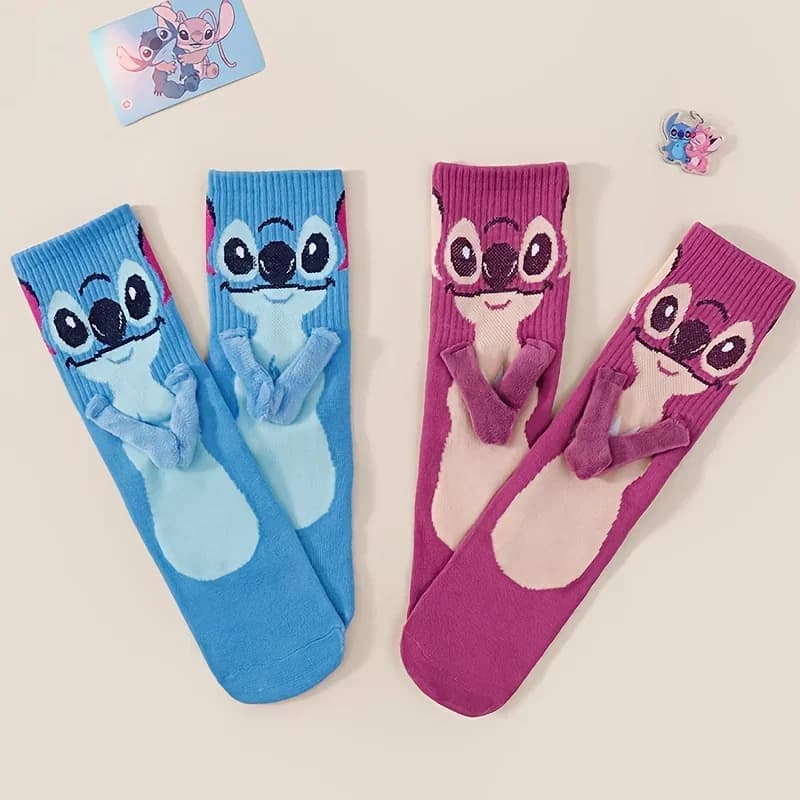 Disney Stitch Angel Magnetic Attraction Hand In Hand Socks Men and Women Mid Tube Couple Socks Floor Socks Funny Home Underwear