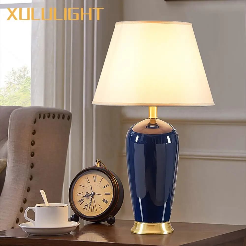 Ceramic Table Lamp Room Decor American Light Luxury Bedroom Bedside Lamp Living Room Dark Blue Remote Control Desk Lamp