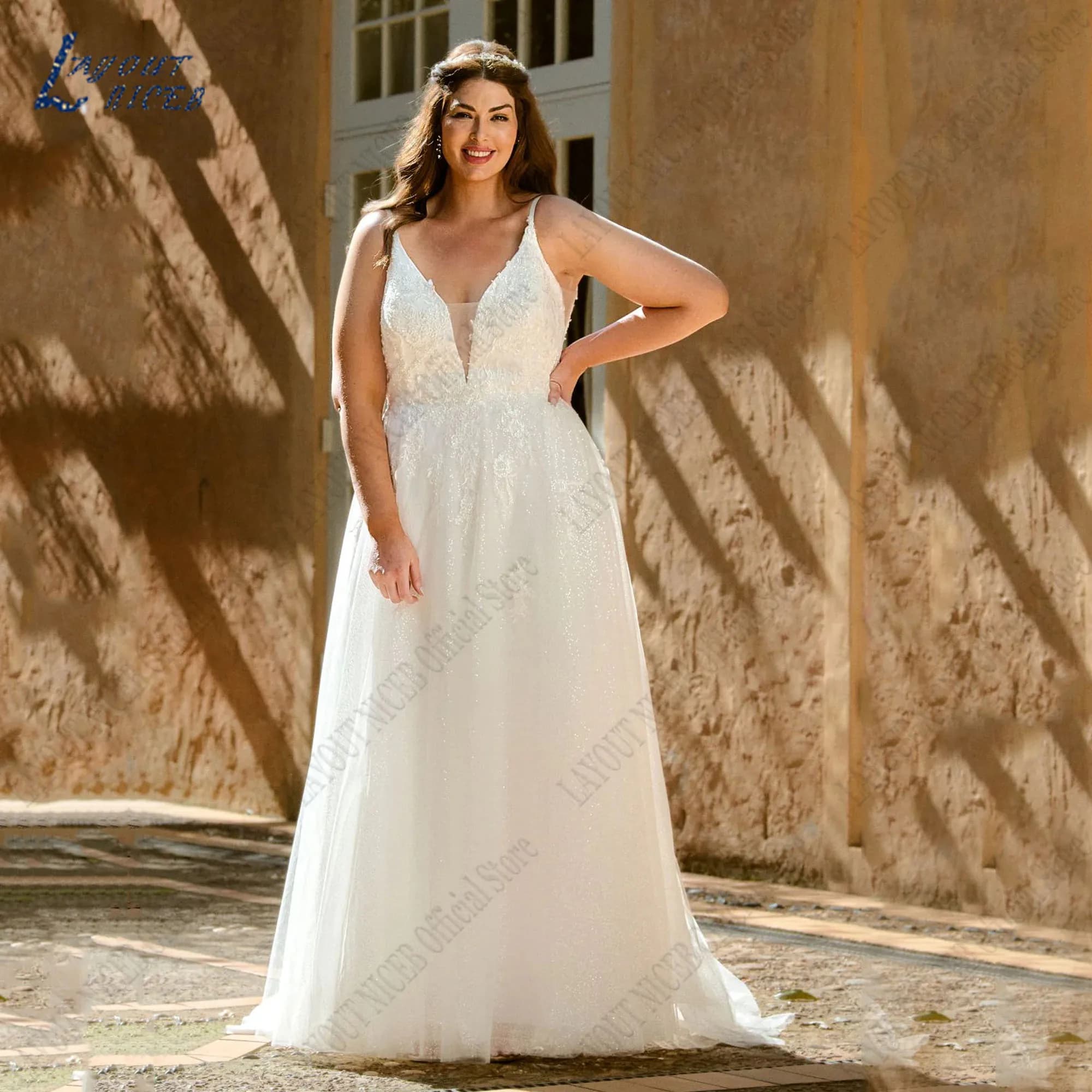 LAYOUT NICEB Plus Size Wedding Dress 2024 Bride Straps V Neck Sleeveless Bride Gowns Beading A-Line Tulle Vestidos De Novia