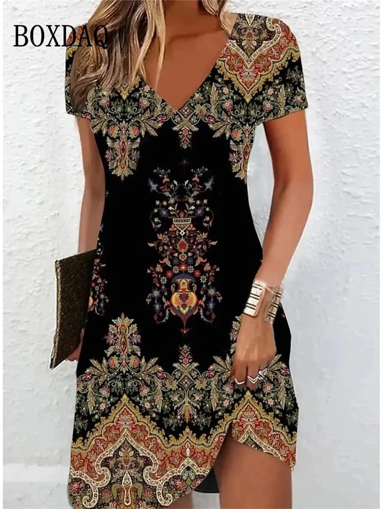 Women'S Casual Sundress Loose Summer Boho Beach Dress Floral Printed For Women Dress Retro V Neck Short Sleeve Plus Size Dresses