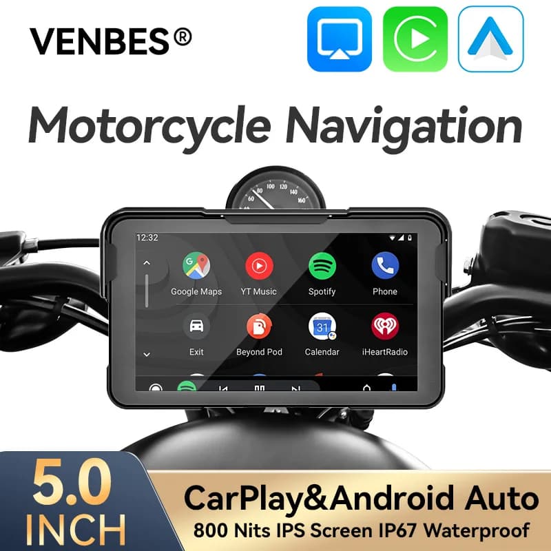 VENBES 5 inch Motorcycle Navigation Wireless CarPlay Android Auto IPX7 Screen Moto Monitor Portable