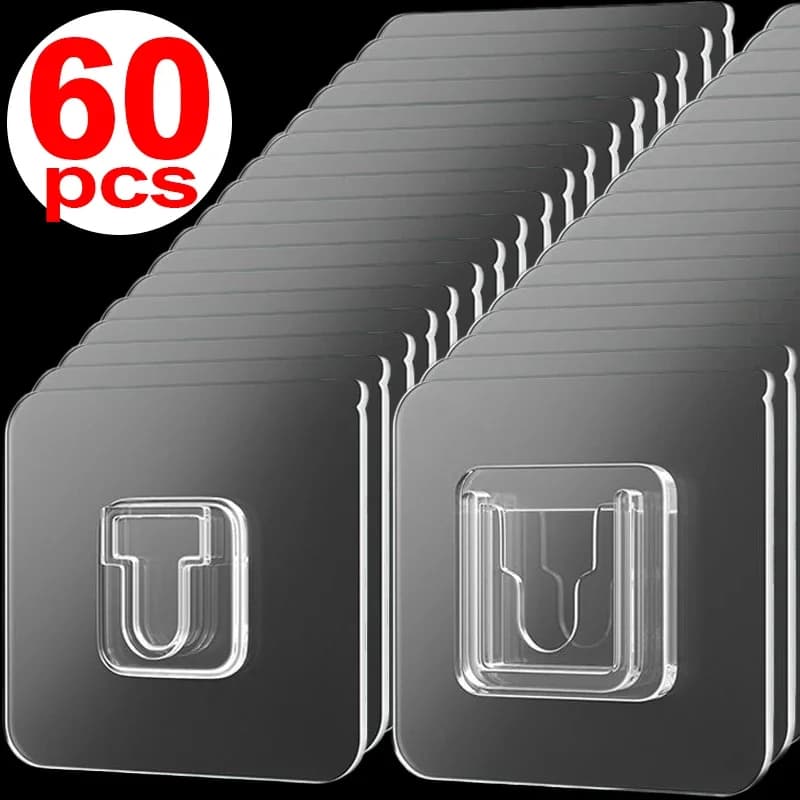 60/2pcs Double-Sided Hooks Strong Adhesive Transparent Traceless Wall Hook for Kitchen Bedroom Storage Holder Plug Socket Hanger