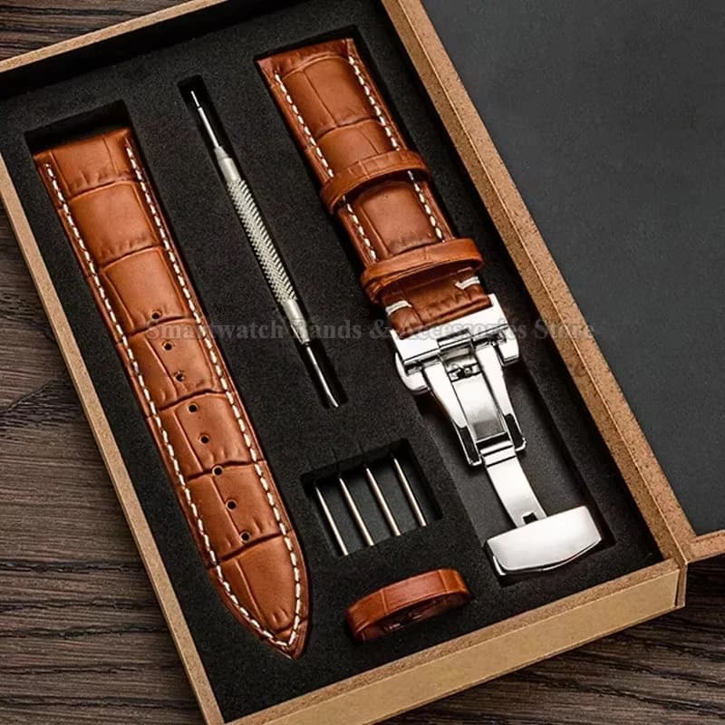 Leather Watch Strap 12mm 14mm 16mm 18mm 19mm 20mm 21mm 22mm 24mm Replacement Bracelet Universal Metal Butterfly Clasp Wrist Band