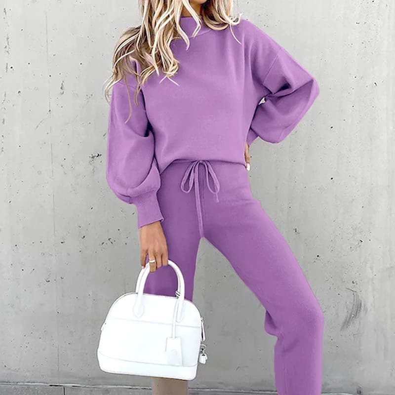 Autumn and Winter Women's Sweater Set High Collar Casual Pure Color Trousers Two-piece Set