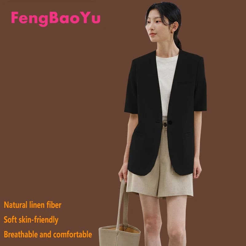 High-end Linen Short Sleeve Suit Jacket for Women Spring and Summer Professional Commuter Casual V-neck Suit Top Free Shipping