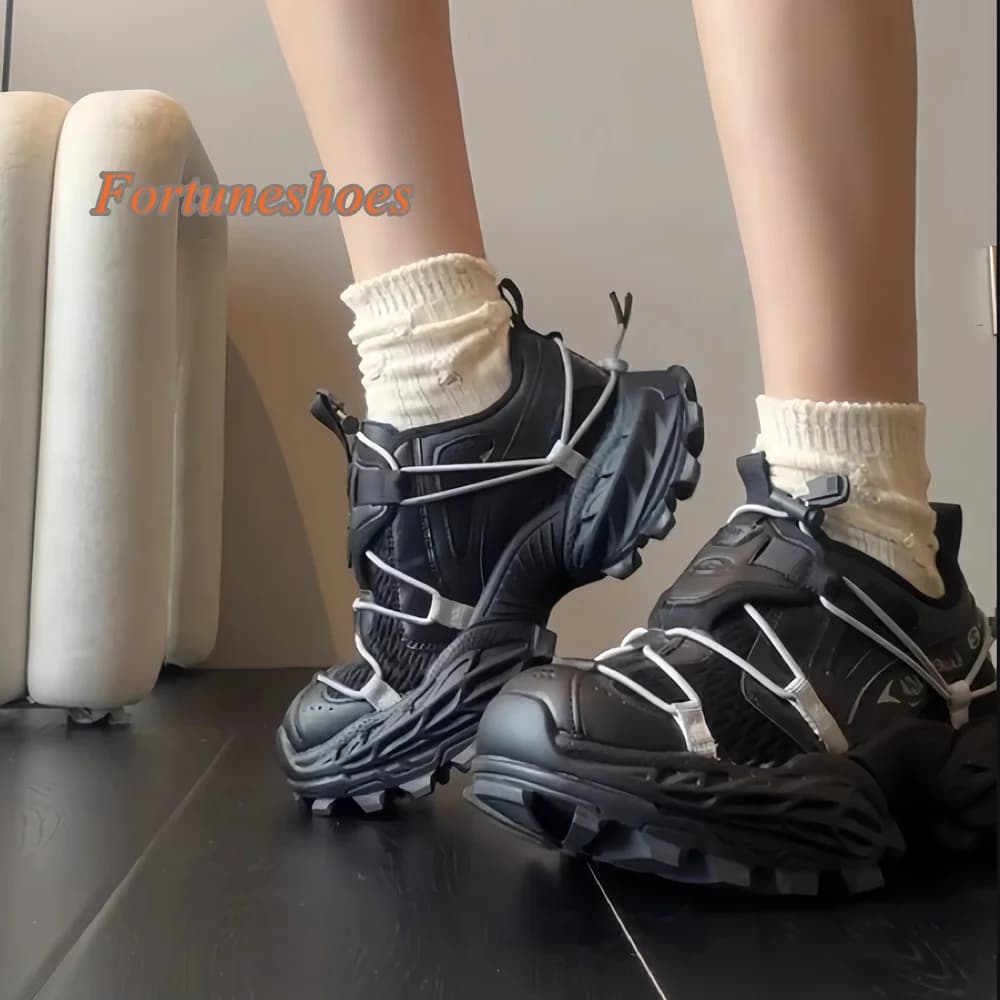 Shallow Height Increasing Pumps Round Toe Chunky Heel Solid Cross Tied Shoes Fashion Casual 2025 Newest Autumn Sports Shoes