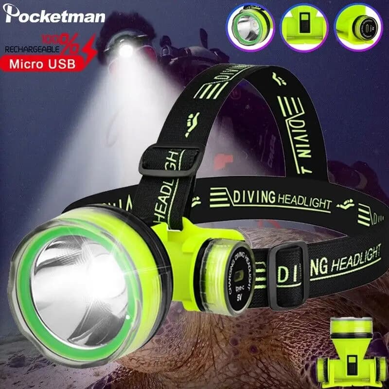 LED Diving Headlamp USB Charging Headlight Scuba Dive Head Flashlight Waterproof Underwater Head Lamp Submarine Light Dive Light