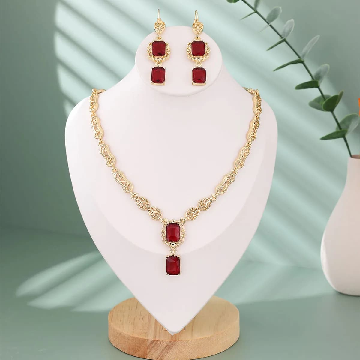Moroccan Style Necklace Earring Set Luxury Shiny Red Green Crystal Square Pendant Neck Chian Statement Jewelry