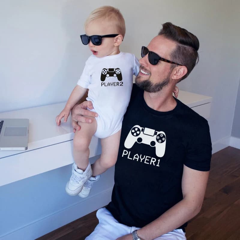 1pc Player 1 Player 2 Tshirt Summer Family Matching Clothes Casual Print T-Shirt for Daddy Baby Bodysuit Plus Clothes Love M