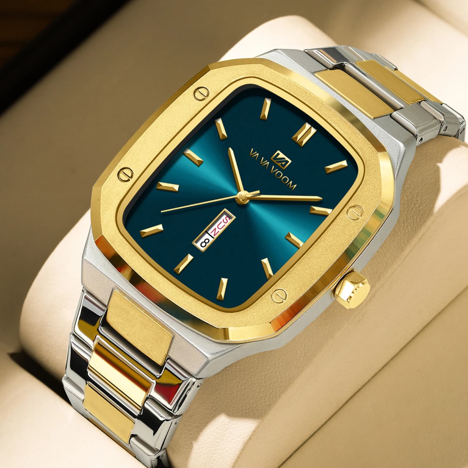 2024 New Men Watch Fashion Square Stainless Steel Strap Blue Gold 3Bar Quartz Week Calendar Simulated Business Sports WristWatch