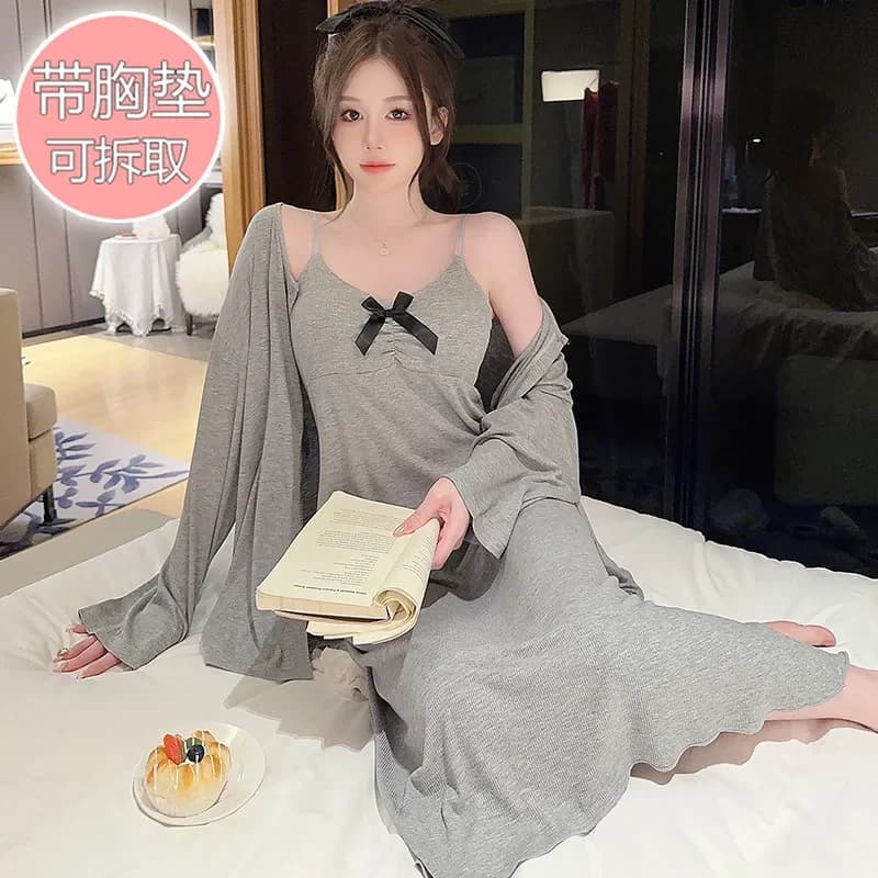 100KG Plus Size Modal Robe Strap Chest Pad Nightgown Sleep Suit Women Spring Two Piece Pajamas Set Korean Solid Home Outer Wear