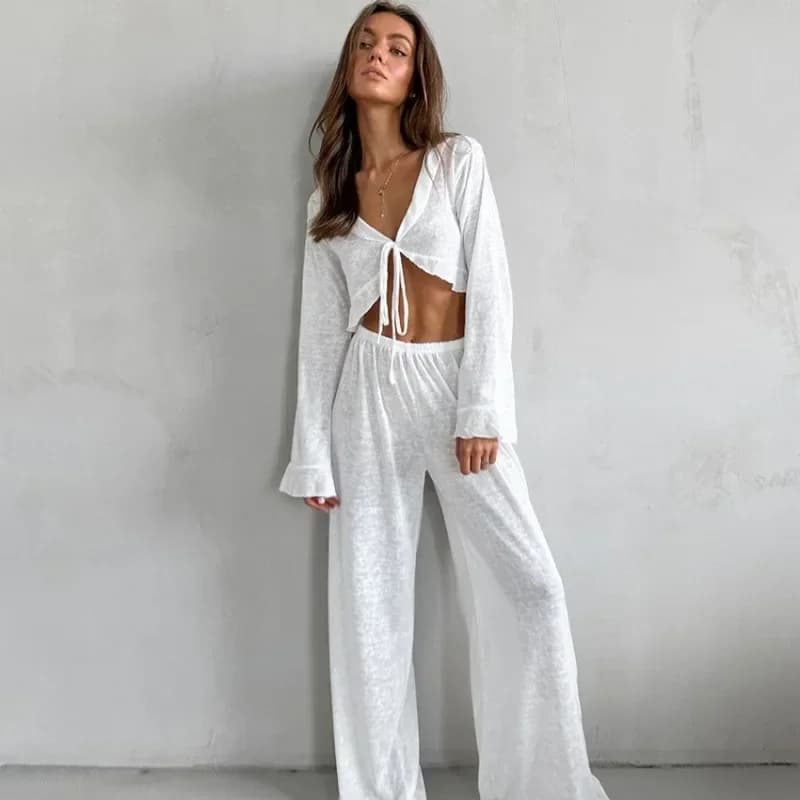 Europe, America 2024 Autumn Knitted Long-sleeved Cardigan Trousers Pajamas Women's Suit