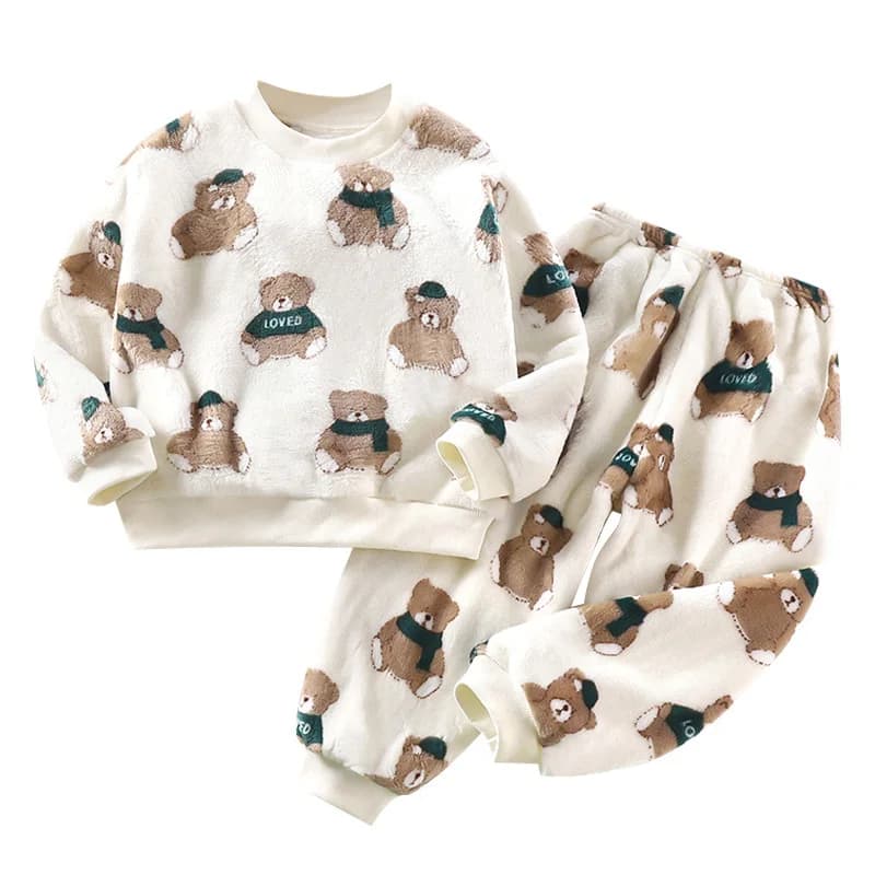 Winter flannel 2pcs Baby Girl/Boy Childlike Animal Pattern Set Soft keep warm kids clothes set