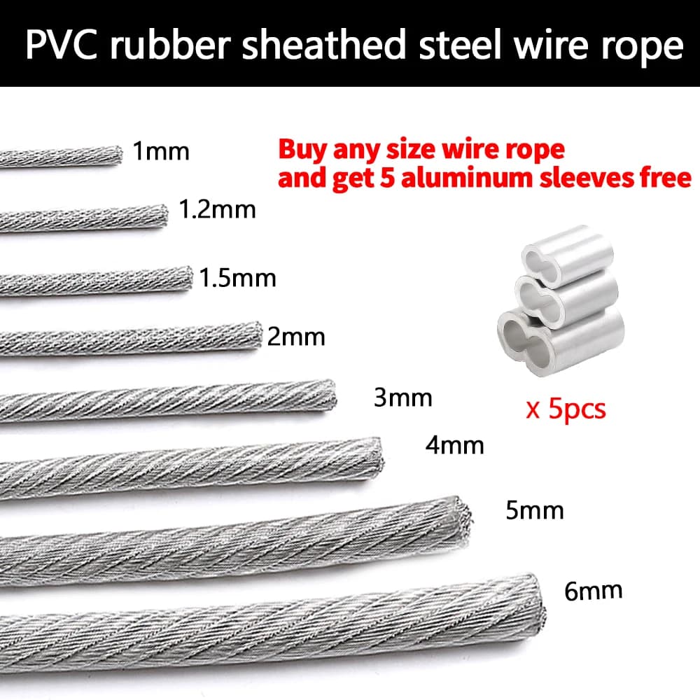 5M/10M/50M/100M Transparent Color PVC Plastic Coating 1.0-6mm 304 Stainless Steel Wire Rope Cable Used For Clotheslines, Etc