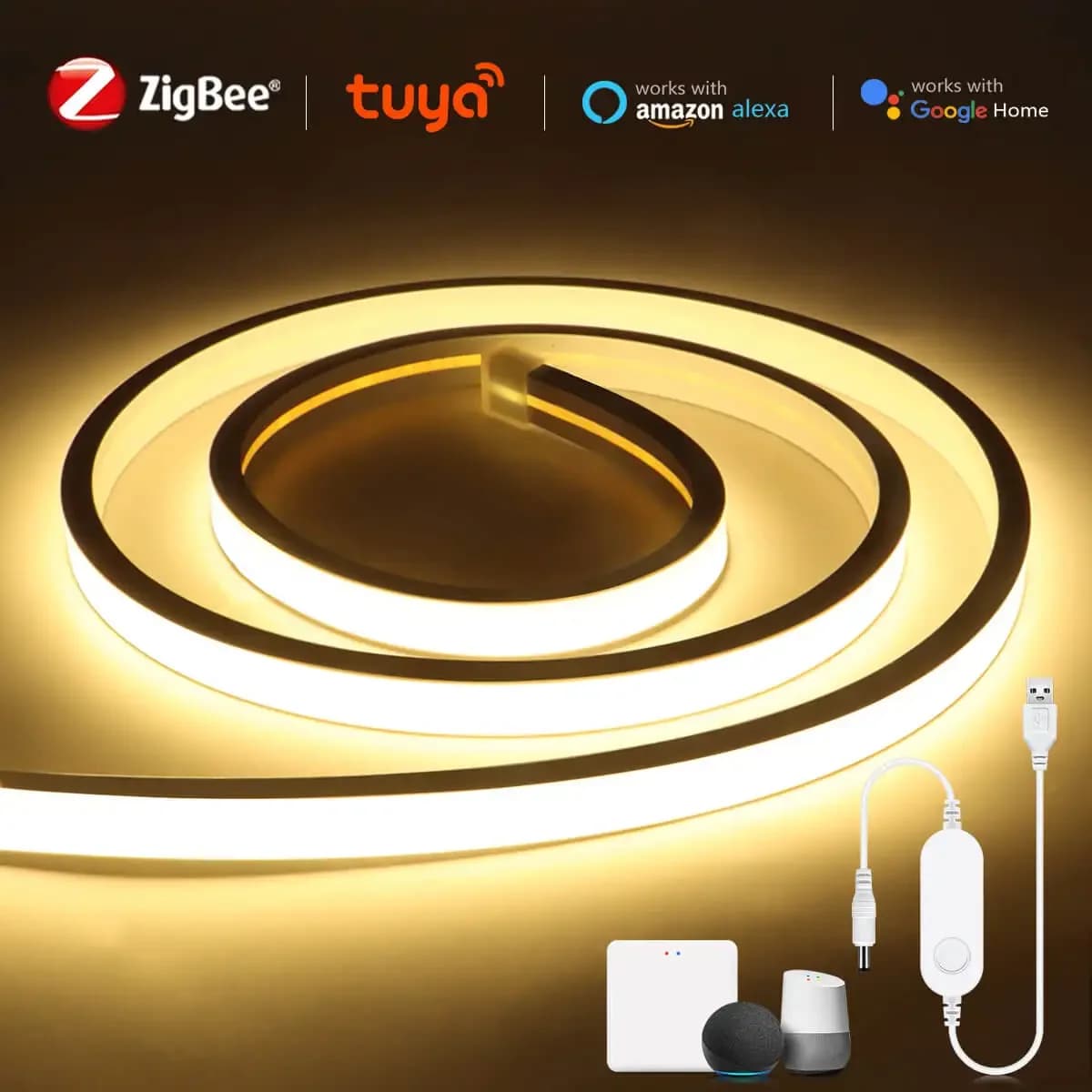 Zigbee 5V USB COB Neon Strip Light 320LEDs/M High Bright Pure Silicone Waterproof Work With Zigbee Hub TUYA Gateway Alexa Google