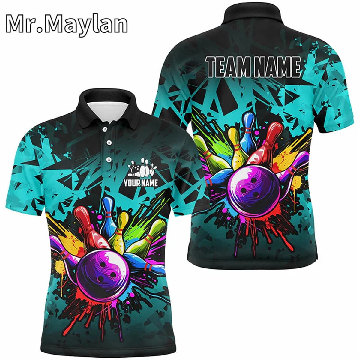 3D Colorful Bowling Jerseys Polo Shirt for Men Custom Bowling Team Shirts For Bowler Cyan Blue Gift for Bowling Lovers Tops