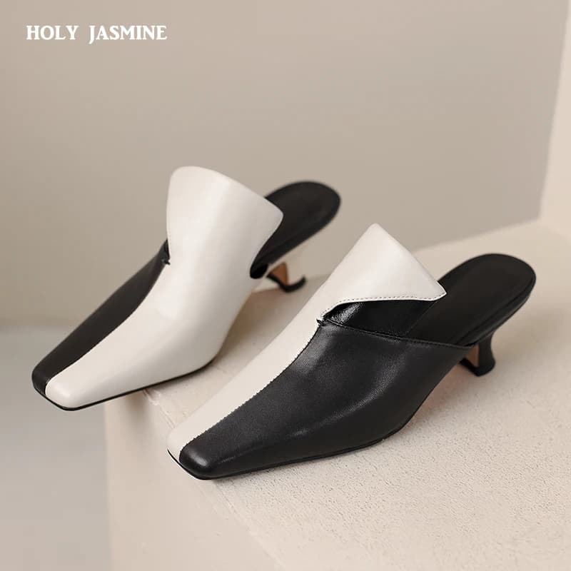 2025 Women Sandals Mixed Colors Quality Genuine Leather Mules High Heels Office Ladies Concise Shoes Woman Spring Summer New