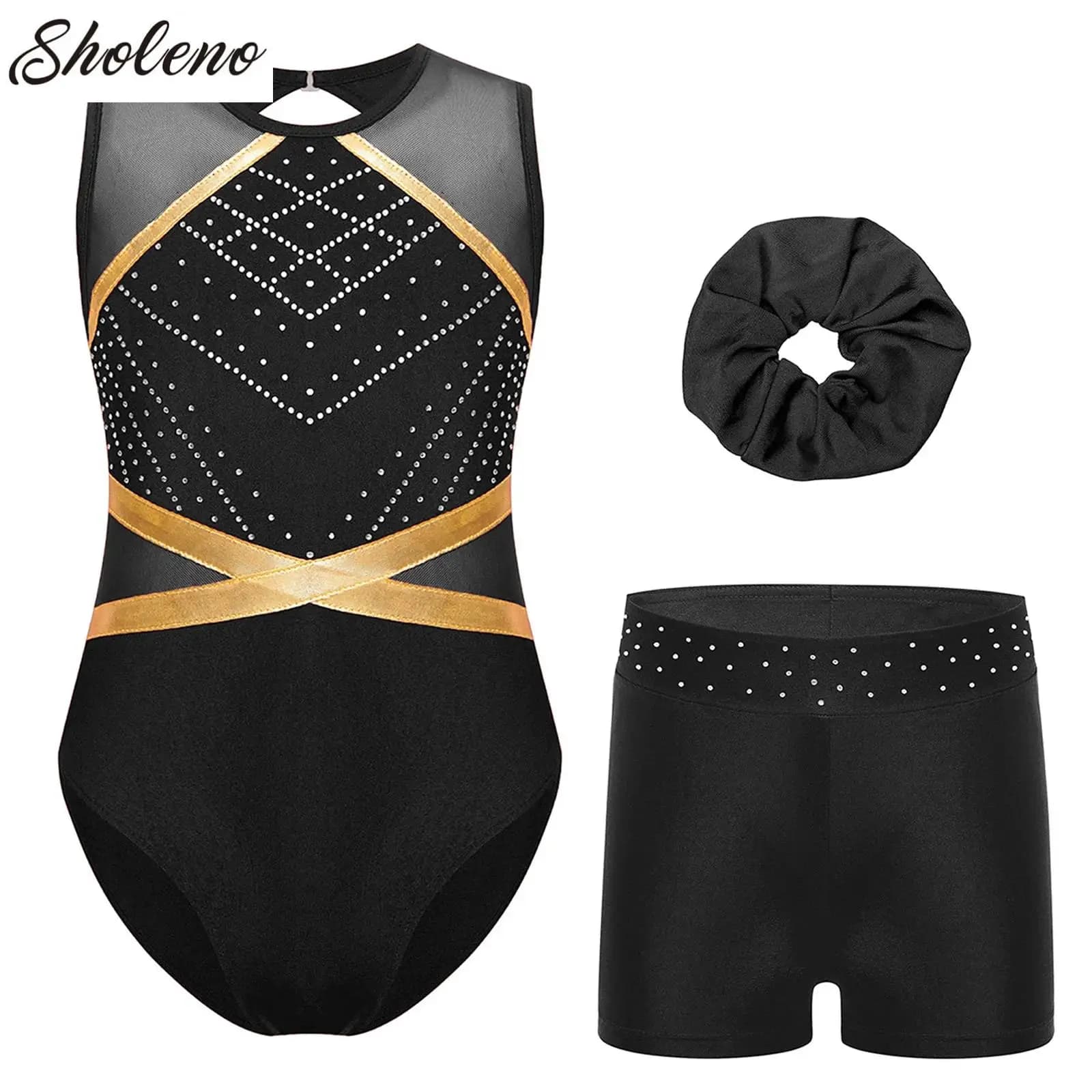 Kids Girls Ballet Gymnastics Leotard Sleeveless Keyhole Back Dance Bodysuit Shorts Headwear for Figure Skating Dance Performance