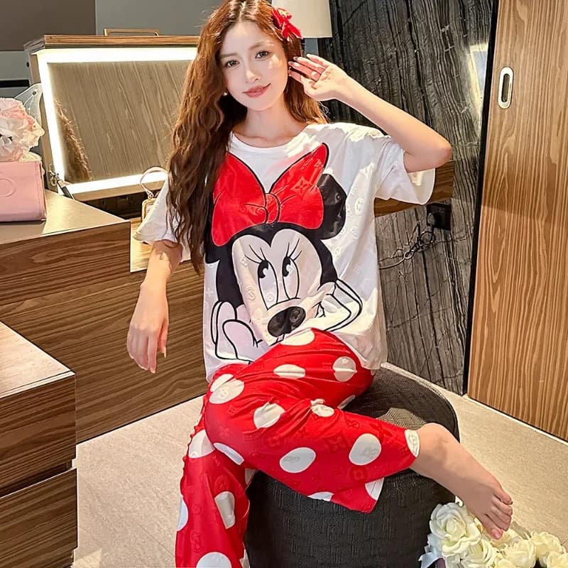 Disney Mickey Mouse Autumn Pajamas Long Three-piece Casual Loose Crew Neck Silk Pajamas Women's Loungewear Women's Pajamas