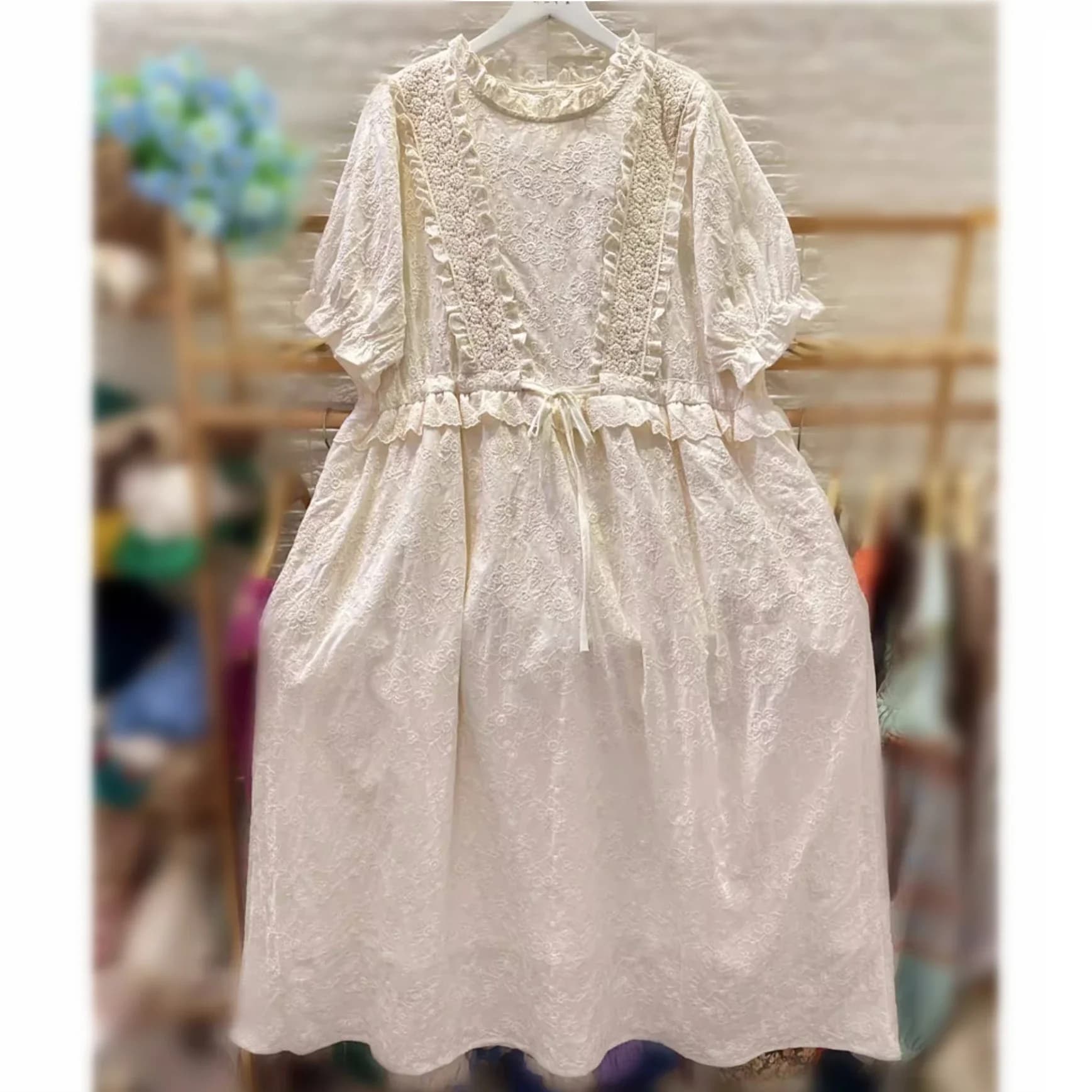 Female Rococo Victorian Ruffled Eyelet Lace Cotton Tunic Long Midi Dress Summer Mori Girl Vintage  Wedding Evening White Dress