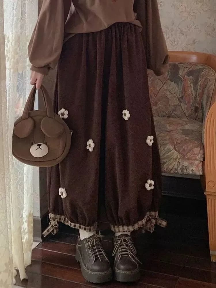 Sweet Vintage 3d Floral Corduroy Casual Pants for Women E-Girl High Waist Trousers Mujer Y2k Grunge All-match Wide Leg