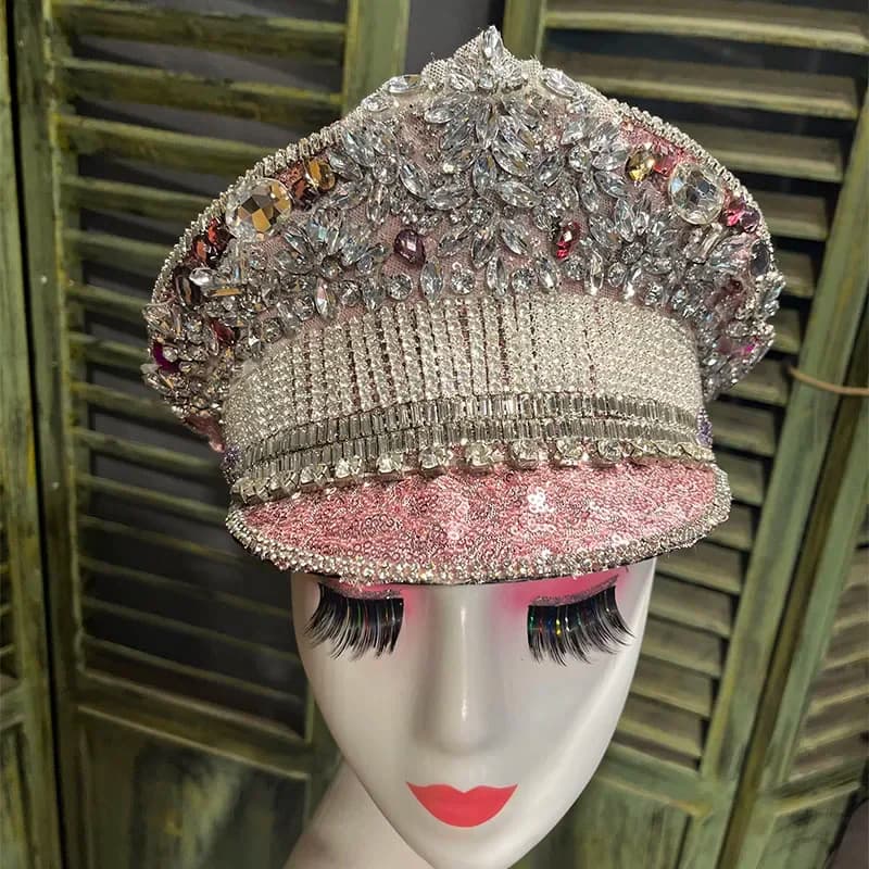 Exaggerated Stage Pink Model Catwalk Adult Birthday Party Hat Hair Headdress Diamond Cap For Women