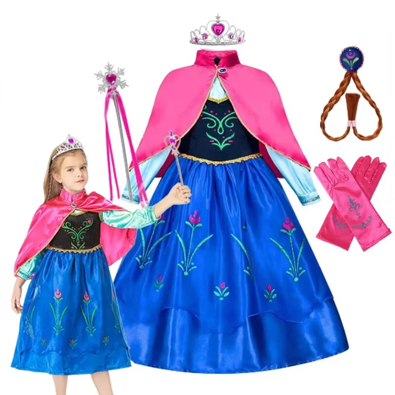 Anna Princess Dress Red Cape 2 Piece Set for Girls Carnival Disguise Party Clothing Kids Halloween Birthday Party Fancy Gown