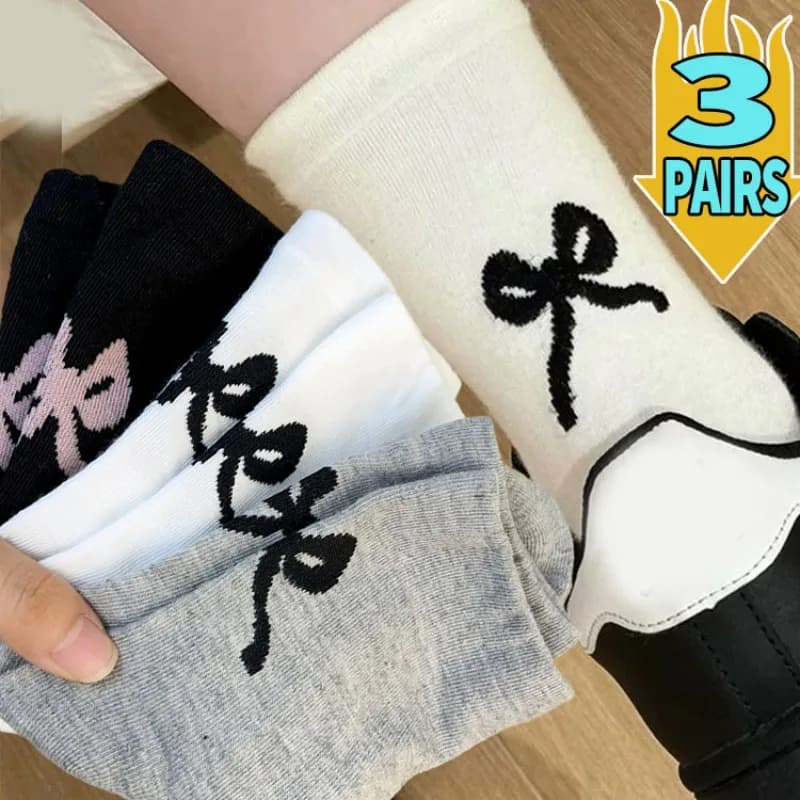 1/3pairs Sweet Bow Bowknot Mid Calf Socks Kawaii Women Girl JK Lolita Cute Solid Color Gentle Versatile Cute Ballet Short Socks