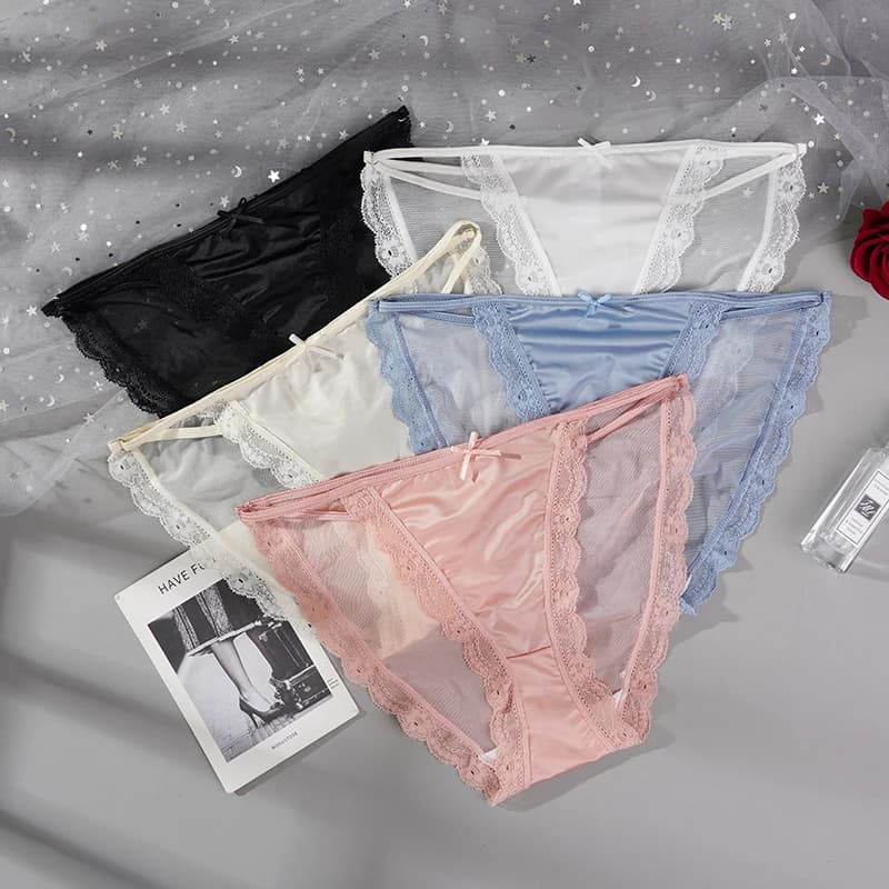 Women's Sexy Mesh Hollow Out Briefs Satin Half Pack Panties 5 Color Breathable Underpants Light Silky Comfortable Female