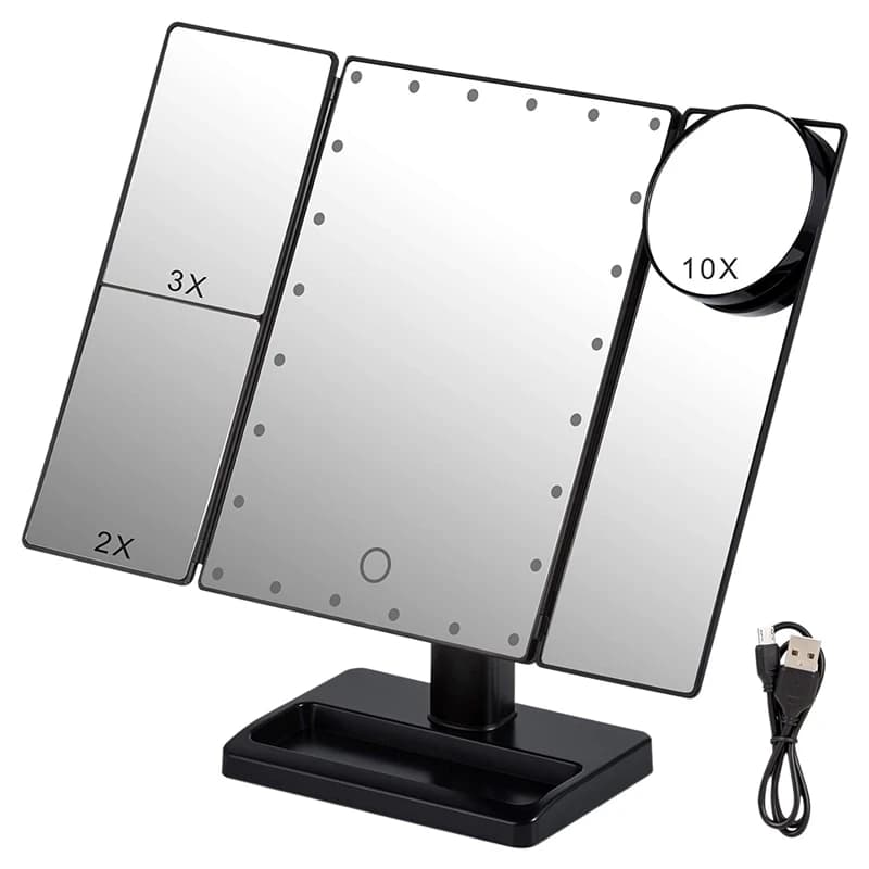 Trifold Makeup Mirror with 22 LED Lights,10X/3X/2X Magnification Portable Fold Lighted Table Desk Cosmetic Mirror,Black
