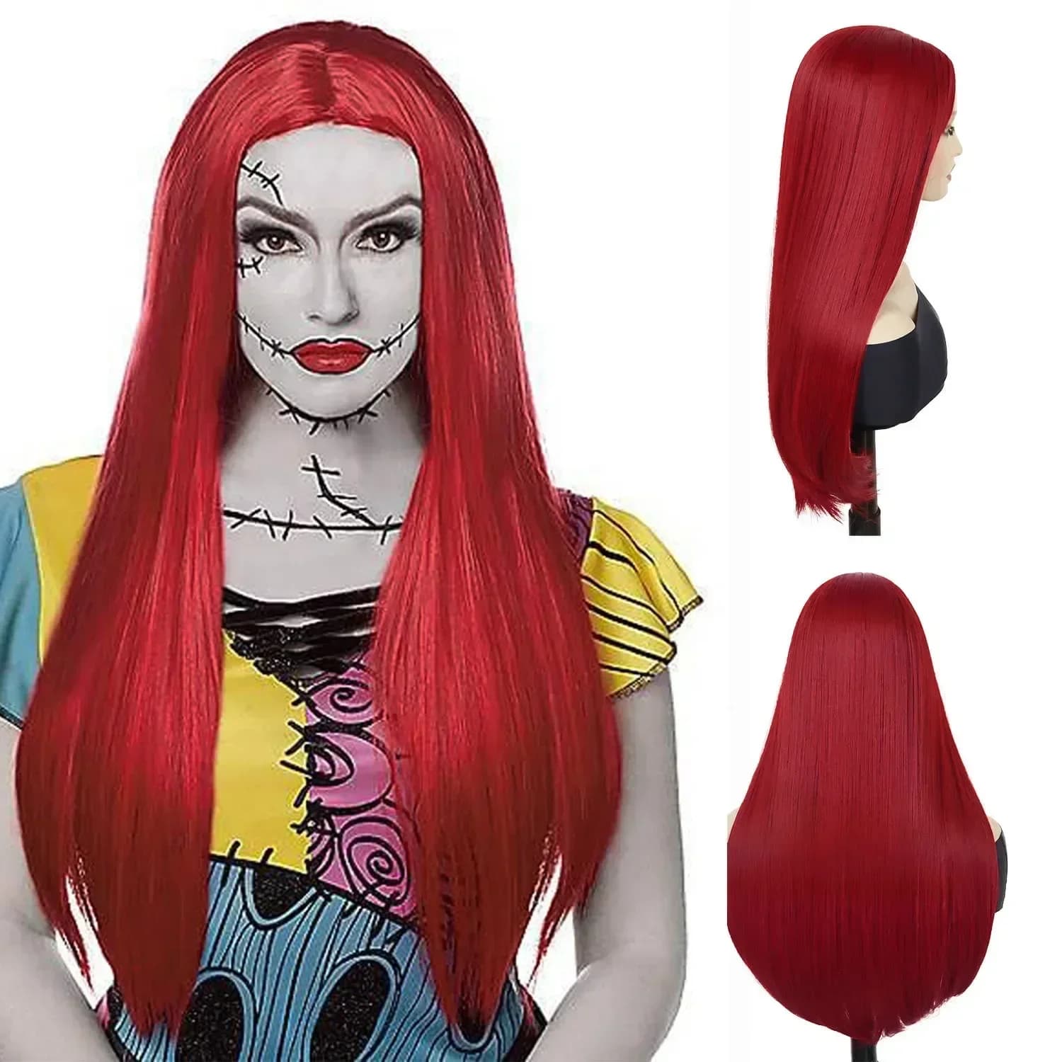 Synthetic Long Hair Wigs Sally Costume Women Straight Wig with Bangs Natural Hairstyle Full Wig Hot Red Long Wigs Cosplay Daily