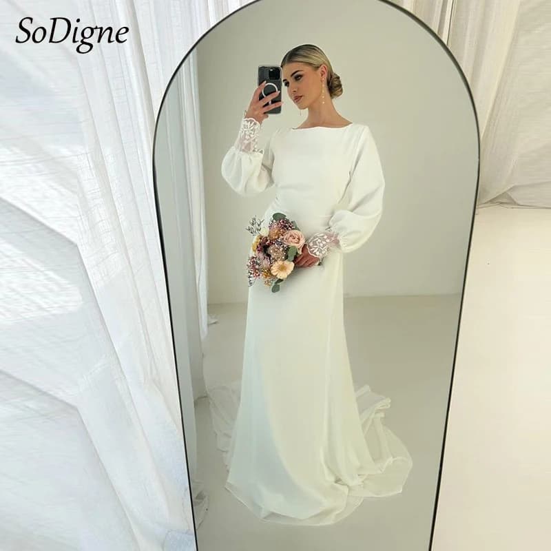 SoDigne Muslim Simple Wedding Dresses O-neck Full Sleeves Satin Bridal Dress Mermaid Customized Bride Gown vestidos de novia