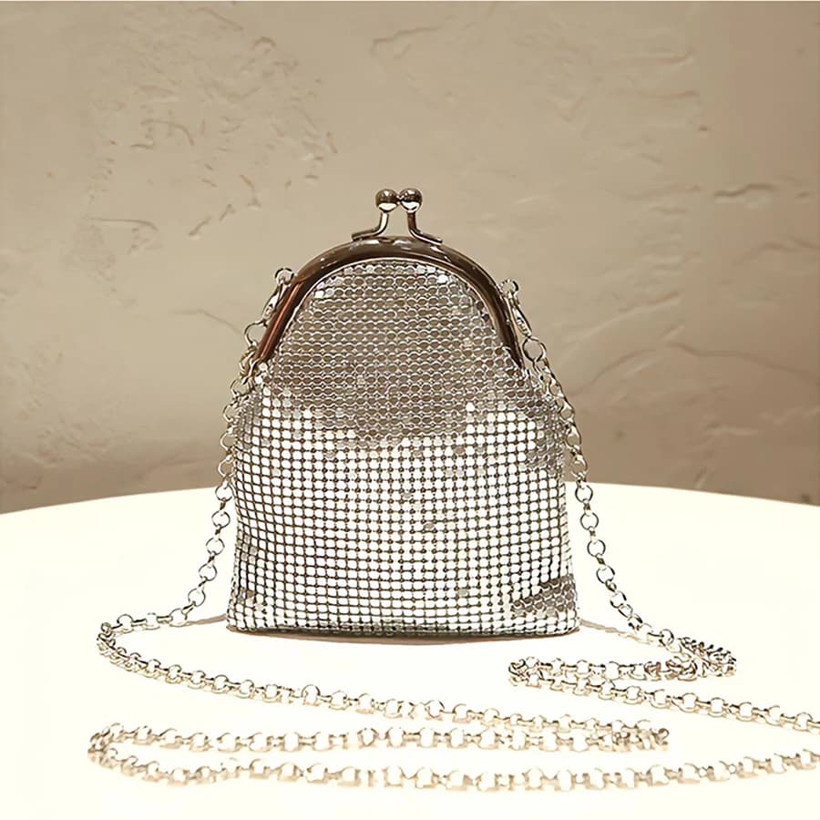 Chains Women Shoulder Bag Retro Kiss Lock Crossbody Bags For Female Metallic Sequin Shell Bag Clip Wallet Small Purse Handbags