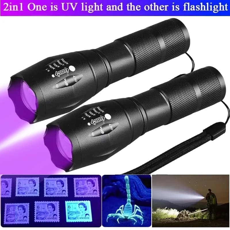 2 IN 1 UV Flashlight Purple White Dual Light 395nm Ultraviolet Torch Zoom Flashlight Detection Lighting Lamp for Pet Stains