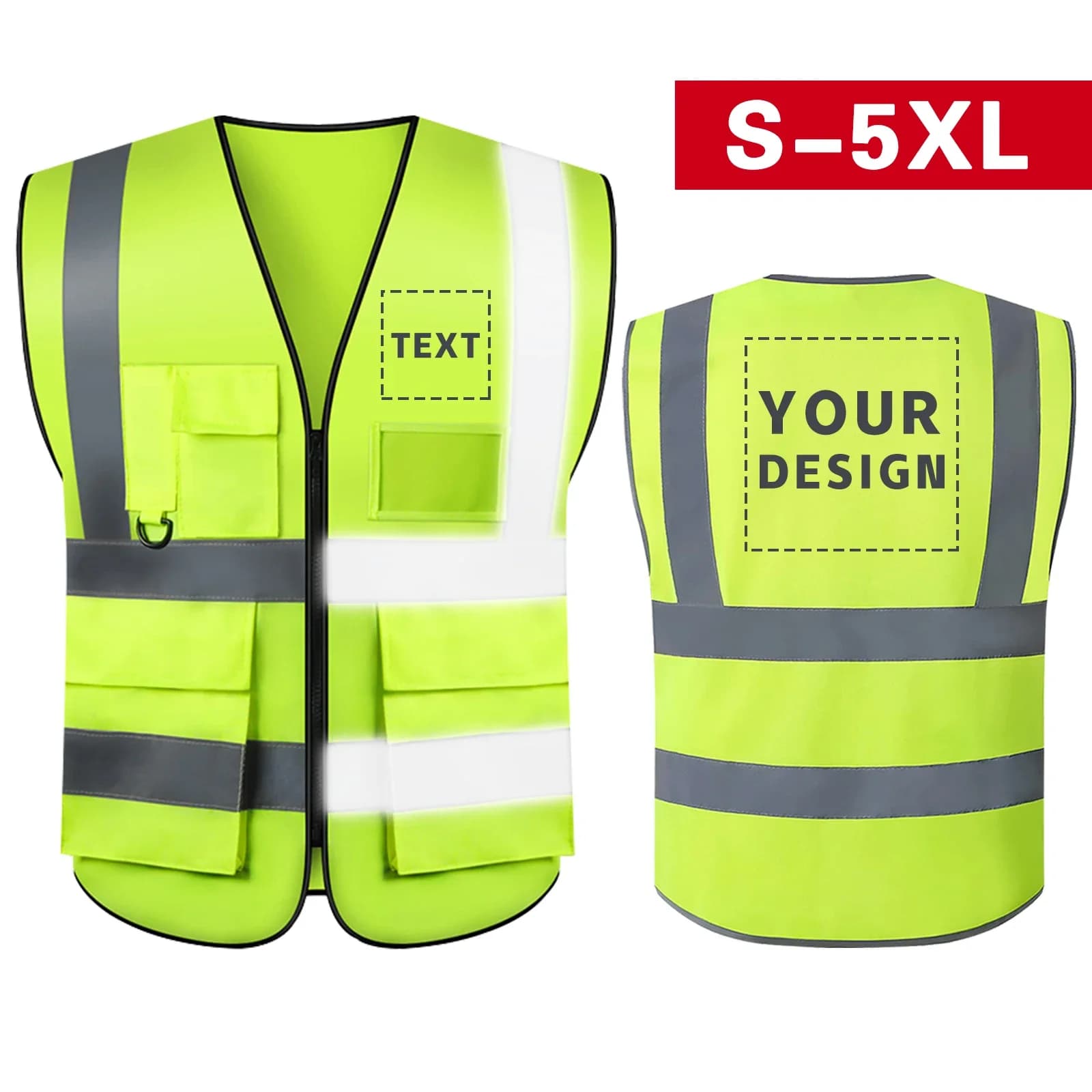 S-5XL Custom LOGO Safety Vest with Pockets and Zipper High Visibility Construction Vest Workwear