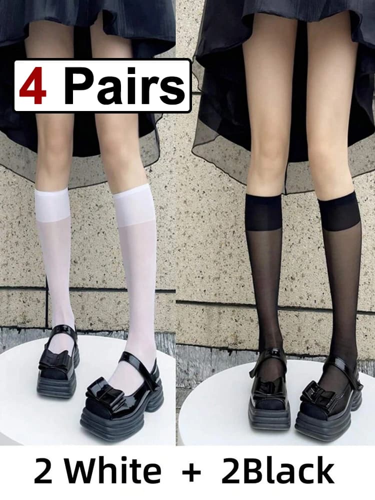 4 Pairs Black White Semi Transparent Nylon Socks Classic Versatile Suitable Daily Wear They Comfortable Breathable Casual Socks