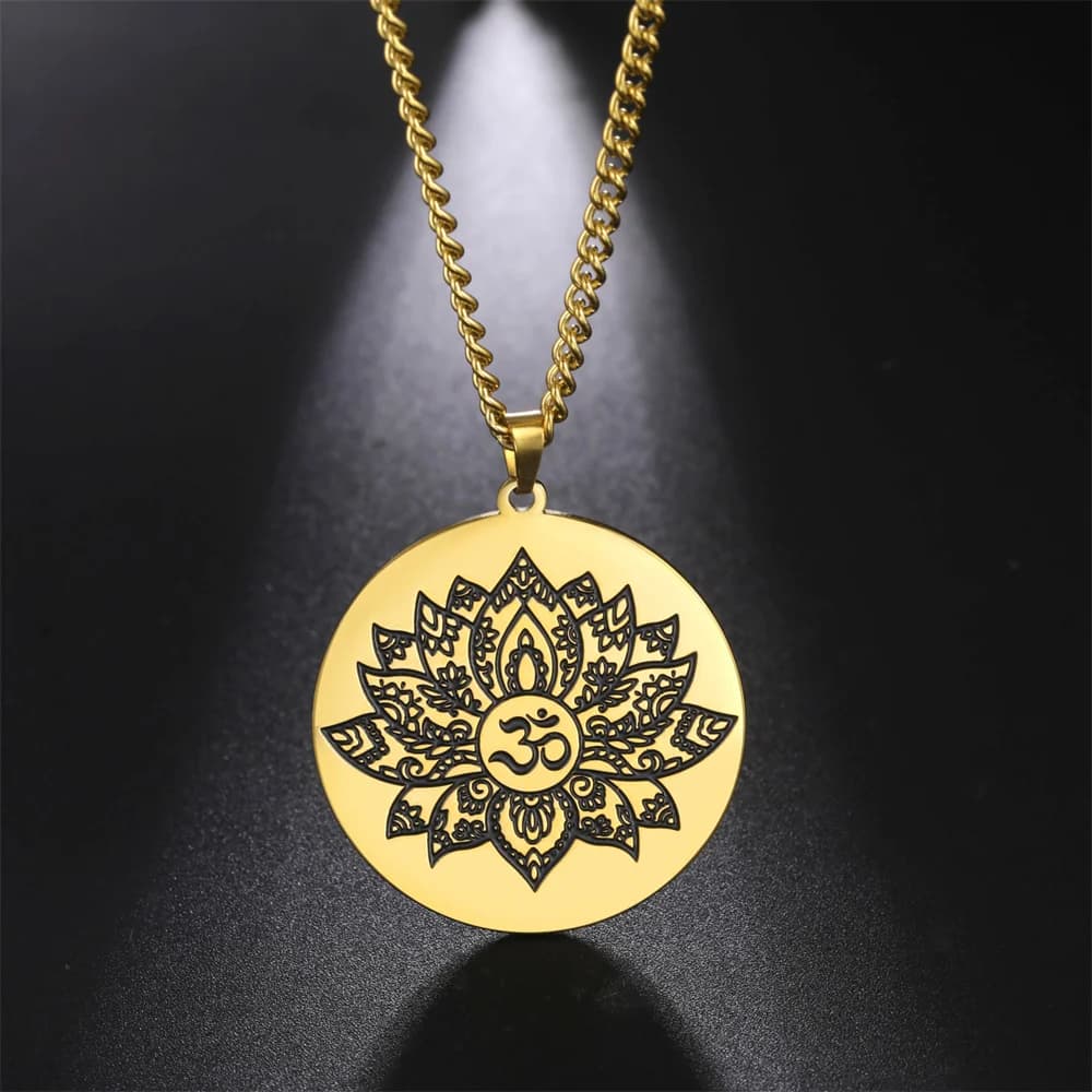 EUEAVAN Vintage Om Yoga Lotus Flower Pendant Necklace Aum Ohm Buddhist Hinduism Necklaces Amulet Lucky Fashion Jewelry for Men