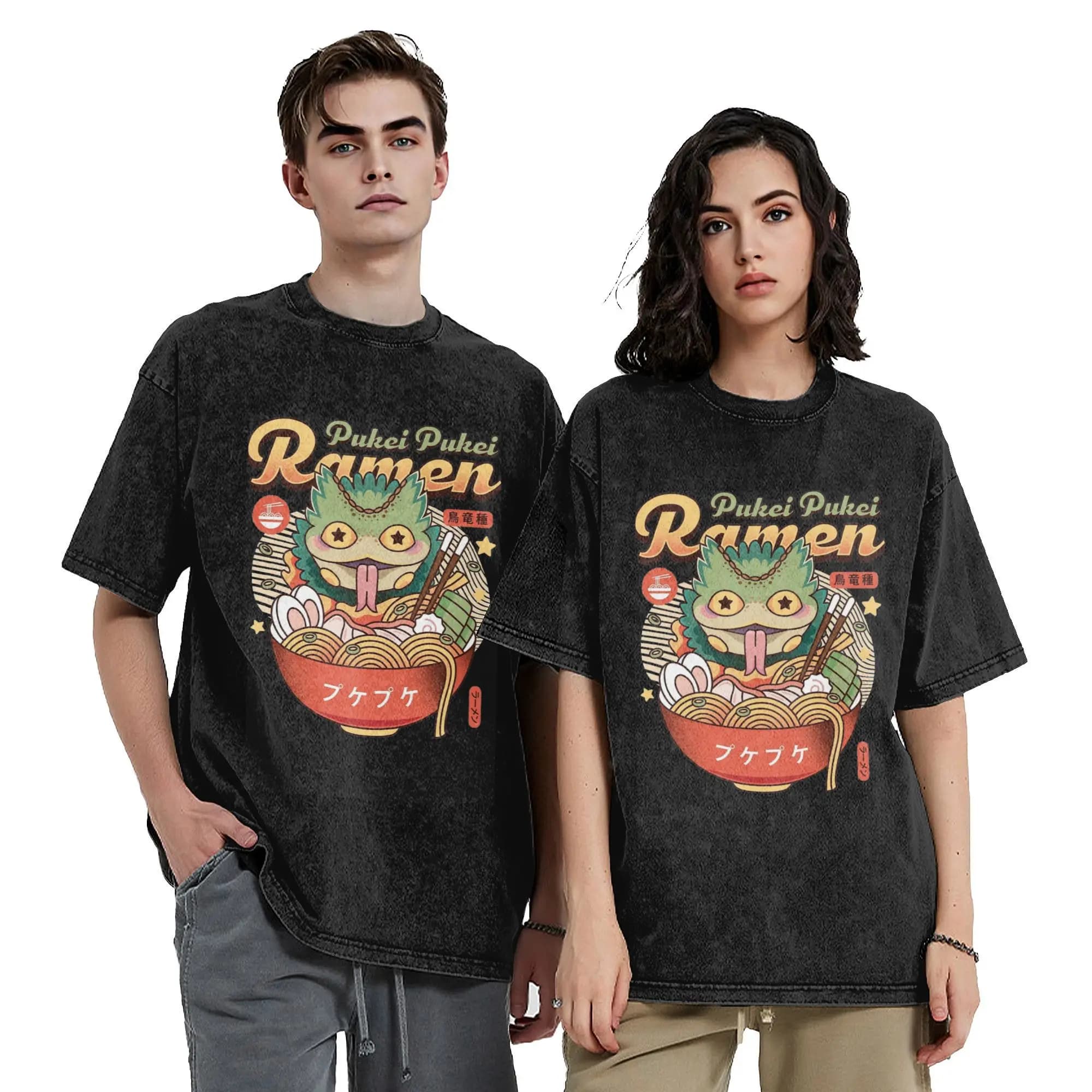 Monster Hunter Pukei Pukei Ramen Vintage Vintage Washed T-Shirt Men Cotton Tops Harajuku  Round Neck Short Sleeve