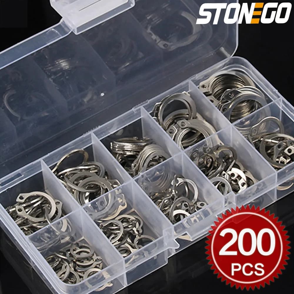 STONEGO 304 Stainless Steel External Circlip Retaining Ring Kit (8-18mm, 100/200pcs) with Storage Box