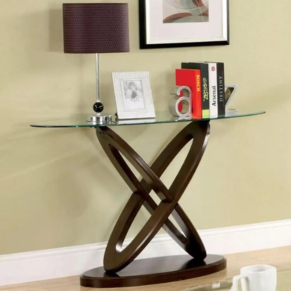 Contemporary Glass Top Console Table Dark Walnut Solid Wood Veneer Sofa Table
