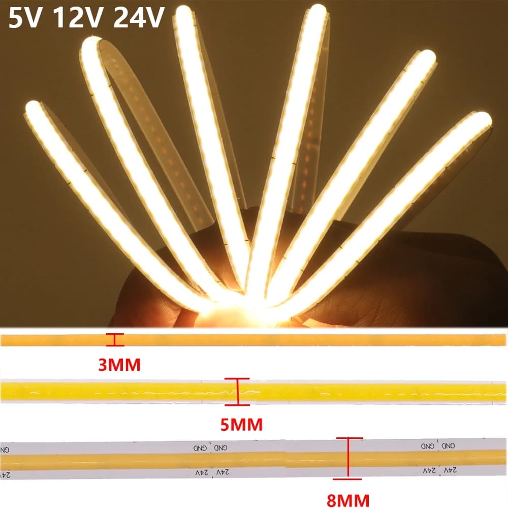 3mm 5mm 8mm PCB COB LED Strip 5V 12V 24V 320LEDs/m High Density RA90 Flexible COB LED Tape Ribbon Dimmable Linear Lighting