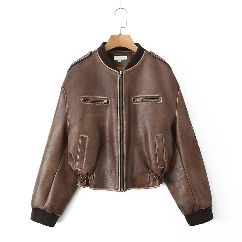 Autumn Winter Women Vintage Brown Faux Leather Jacket Long Sleeve Zipper Motorcycle Outerwear Short Lady Outfits