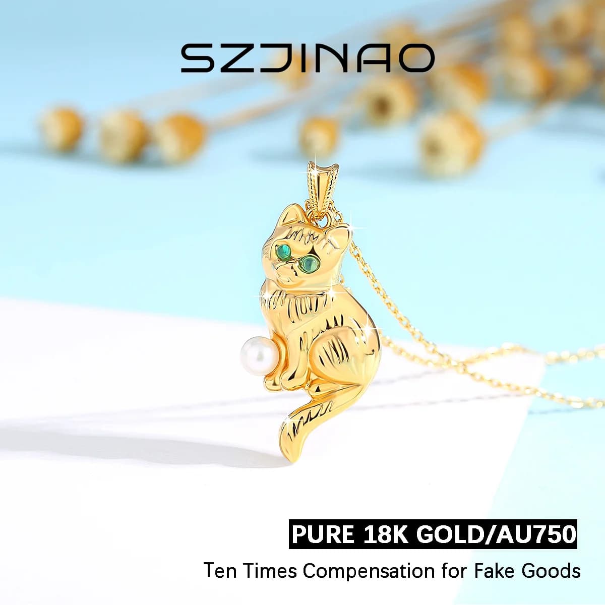 100% Genuine Cat Pendant 18K Gold Pearl Necklace Original Design for Women Anniversary Party Gift Fine Jewelry