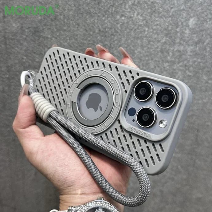 Logo Hole Magnetic Holder Phone Case for iPhone 16 15 14 13 12 11 Pro Max Plus Fashion Nylon Lanyard Heat Dissipation Soft Cover